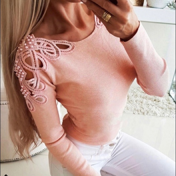 None Tops - Pink, Long-Sleeve Pearl Beading Ribbed Tee
